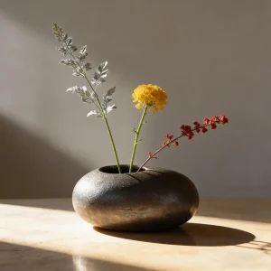 Wabi Sabi Ceramic Ikebana Vase with Pin Frog